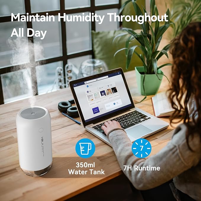Portable Mini Humidifier, KQLKJ 350ml Small Cool Mist Humidifiers, USB Personal Desktop Humidifier for Bedroom Car Office Travel with Auto Shut-Off & 2 Mist Modes (White) - Image 3
