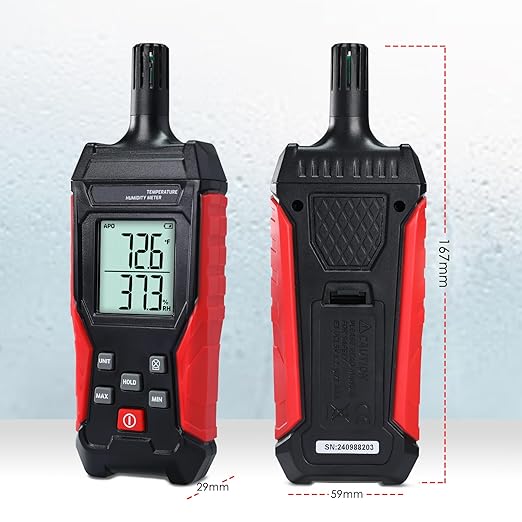 Humidity Temperature Meter, High Precision Digital Psychrometer HVAC with Ambient Temperature Handheld Hygrometer Moisture Meter w/Data Hold, Min/Max, 4 Digits Display Backlit for Outdoor Indoor Use - Image 7