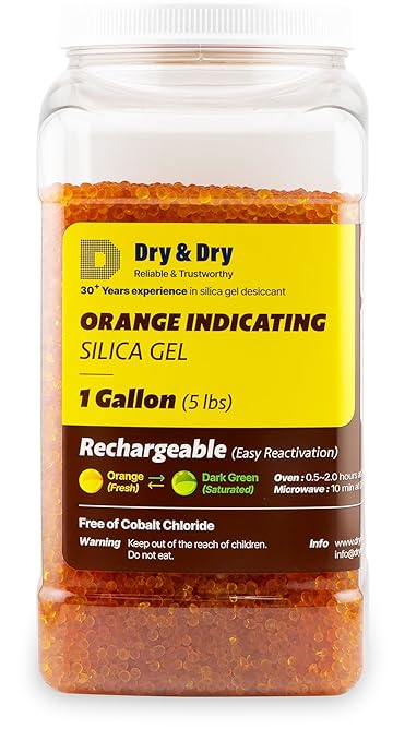 Dry & Dry [5 LBS] Premium Orange Indicating Silica Gel Desiccant Beads(Industry Standard 3-5 mm) - Rechargeable Silica Gel Beads(5 LBS) by DryDry