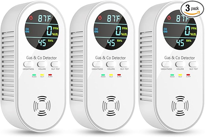 5-in-1 Carbon Monoxide Detectors, Natural Gas Leak Detector, Plug-in & Battery Backup Co Detector, HD Digital Display, CO Gas Temp Humidity Sensor, 3-Pcs, White by VilfeLLC