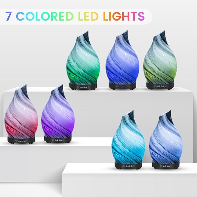Essential Oil Diffuser, 120ML Glass Aromatherapy Diffuser with Auto Shut-Off and 7 Color LED Lights, Ultrasonic Mist Humidifier with 4 Timer for Home Office Bedroom (Gray Wave) - Image 2