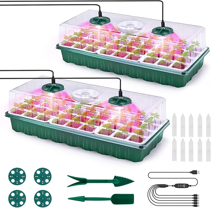 2 Packs Seed Starter Tray with Grow Lights, 72 Cells Silicone Seed Starter Kits with Humidity Dome, 3 Lights for Seed Starting, 4 Timing Set, 8 Full Spectrum Germination Kit for Plant Seeds by Pattiumo