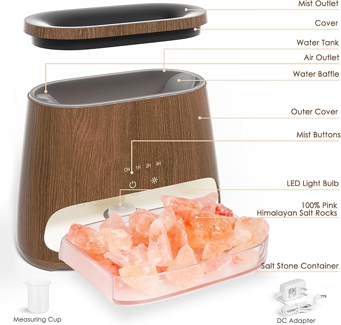 SALKING 2-in-1 Himalayan Salt Lamp Diffuser, Cool Mist Humidifier, Aromatherapy & Himalayan Salt Therapy, 100% Pure Himalayan Salt, Ultrasonic Essential Oil Diffuser with Ambient Glow, 150ml (Dark) - Image 7