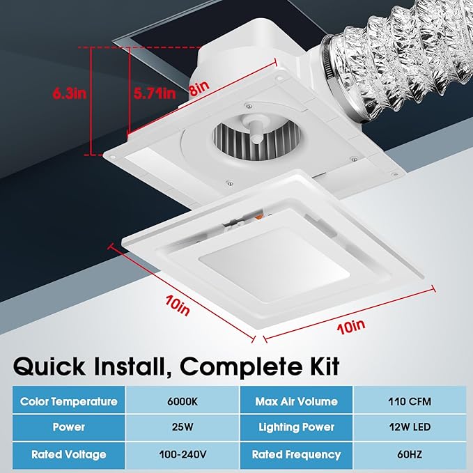 FEITON Bathroom Exhaust Fan with Light, Ceiling Mount, 110 CFM 1.0 Sones 4 Inch Duct, Quiet Square Bath Fan Light Combo, Shower Exhaust Fan with Light - Image 5