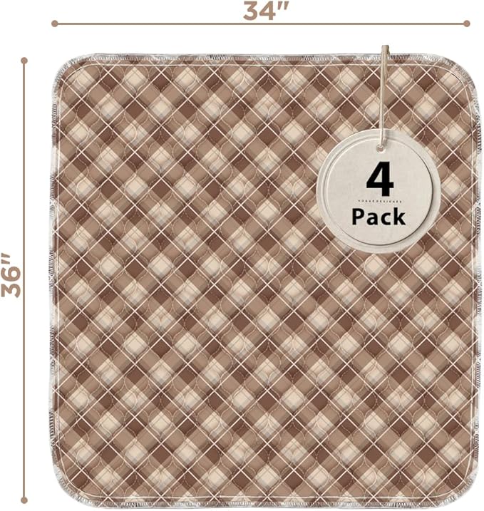 Non-Slip Bed Pads for Incontinence Washable (34" x 36"|4 Pack), Waterproof Bed Pads, Brown Grid, Bed Wetting Pads for Bed, Sofa, Floor, Resuable Underpads for Adults, Seniors, Pet - Image 2