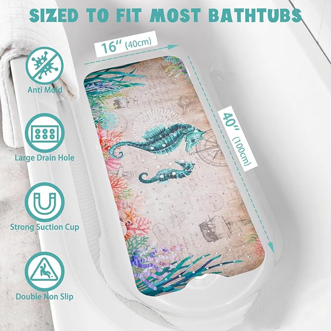 Ocean Bathtub Mat Non Slip, Cute Baby Bath Mat for Tub Rubber Tub Mat, Seahorse Coral Toddler Kids Bath Mats for Bathroom Anti Slip Shower Mat with Suction and Drain Holes Machine Washable, 40″x16″ - Image 2