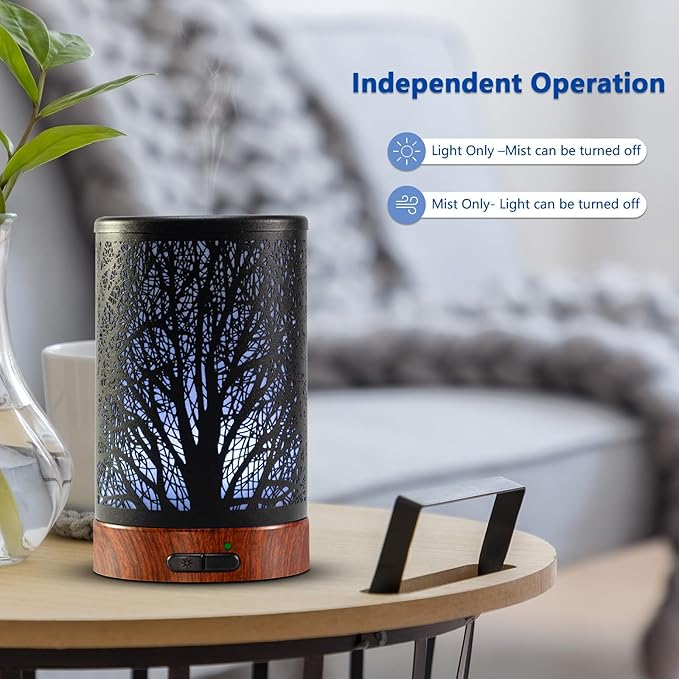 EQUSUPRO Essential Oil Diffuser 150ml Black Metal Aromatherapy Oil Diffuser Ultrasonic Cool Mist Diffuser with Auto Shut-Off Protection,7 Colors Changed LED for Home Office SPA Yoga (A-Tree) - Image 4