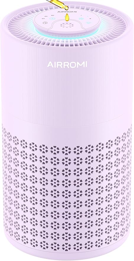 AIRROMI Air Purifier for Bedroom with HEPA 3-in-1 Filter, Pet Air Purifier for Home Cat Pee Smell, Covers Upto 990 Ft², Quiet 360°intake Air Cleaner for Pet Hair,Allergies,Pollen,Smoke A2001 Purple by AIRROMI
