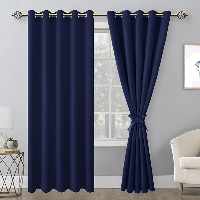 Hiasan Blackout Curtains for Bedroom, 60 x 84 Inches Long - Thermal Insulated & Light Blocking Window Curtains for Living Room, 2 Drape Panels Sewn with Tiebacks, Navy Blue - Image 2