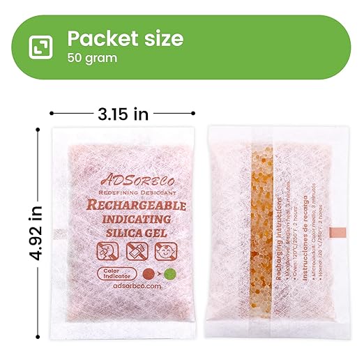 ADSorbco 50 Gram (8 Pack) Silica Gel Packets – Desiccant Packs for Storage, Reusable Moisture Absorbers with Color Change, Orange to Green, for Food, Electronics, Jewelry, Safes - Image 7