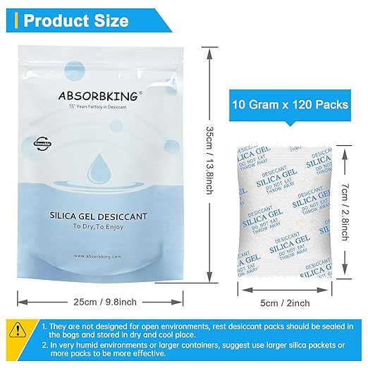 Silica Gel Packets - 10 Gram 120 Packs Moisture Absorbers, Food Grade Desiccant Packs for Storage, Premium Color Indicating Desiccant Packs for Storage, Widely Used for Foods, Electronics, Jewelry - Image 3