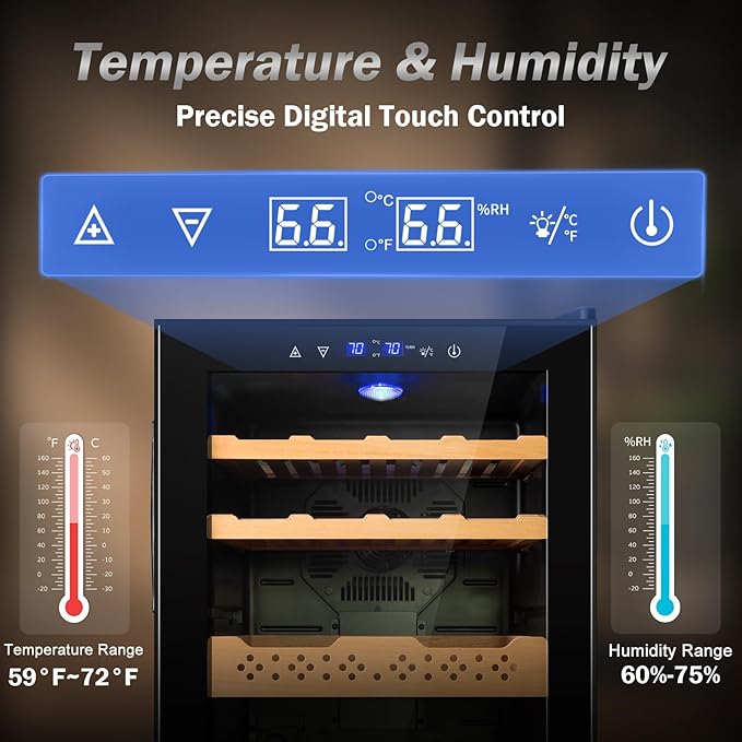 Electric Humidor-70L Cooling & Heating Humidor Smart Touch Control Humidity & Temp, Humidors wtih Spanish Cedar Wood Tray and Drawer, Digital Display, Safety Lock, Desktop Gift for Men - Image 2