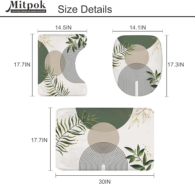 4 PCS Green Boho 72Wx72H Shower Curtain Set Abstract Gold Grey Modern Minimalist Bath Rug Toilet Lid Cover Nonslip U Shape Mat Quick Dry Rubber Backed Dirt Resistant Accessories Bathroom Decor - Image 5