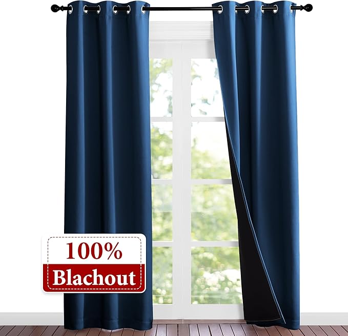 NICETOWN Moroccan Blue Full Shade Curtain Panels, 37" Wide x 80" Long, Pair of Thermal Insulated & Energy Efficiency Blackout Curtains for Living Room Windows, Lined Silky Performance Window Dressing - Image 2
