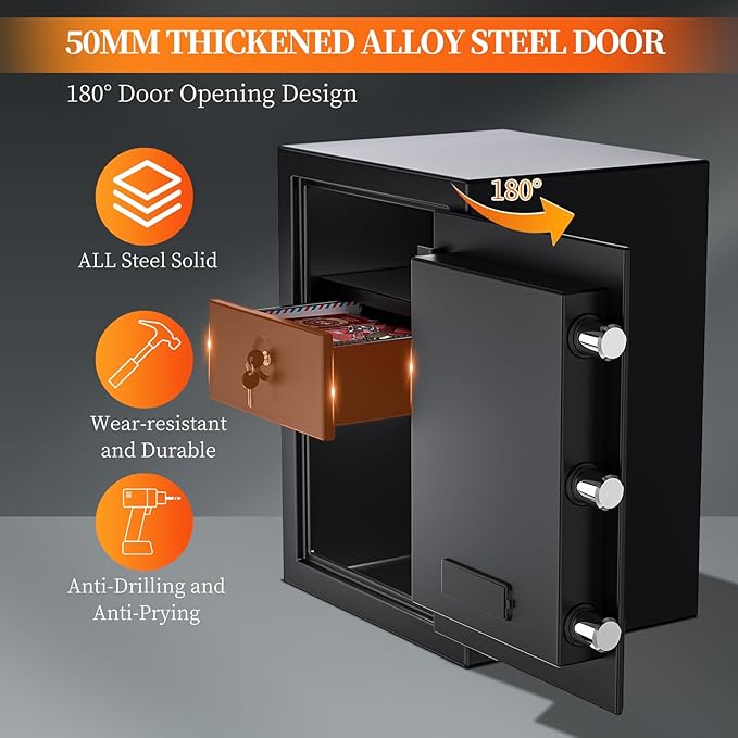 WASJOYE Fireproof Cabinet Safe Box - 2.5 Cubic Feet Home Security Safes with Fireproof Lock Drawer, Smart Cabinet Safe Box Safety Key Lock Type-C Port Alarm System for Home Office Hotel Storage - Image 5