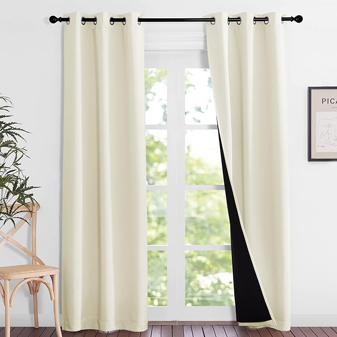 NICETOWN Living Room Completely Shaded Draperies, Privacy Protection & Noise Reducing Ring Top Drapes, Black Lined Insulated Window Treatment Blackout Curtain Panels (Beige, 2 Pieces, W37 x L84) by NICETOWN