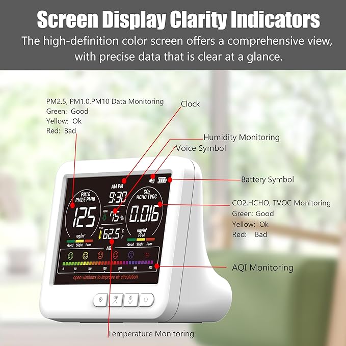 Professional Indoor Air Quality Monitor with 7X AQI Alarms,16 in 1 Portable Real-Time Detector for PM2.5 | PM10 | CO2 | TVOC | HCHO | Temp | Hum for Home Cars Plants Pets - Image 6