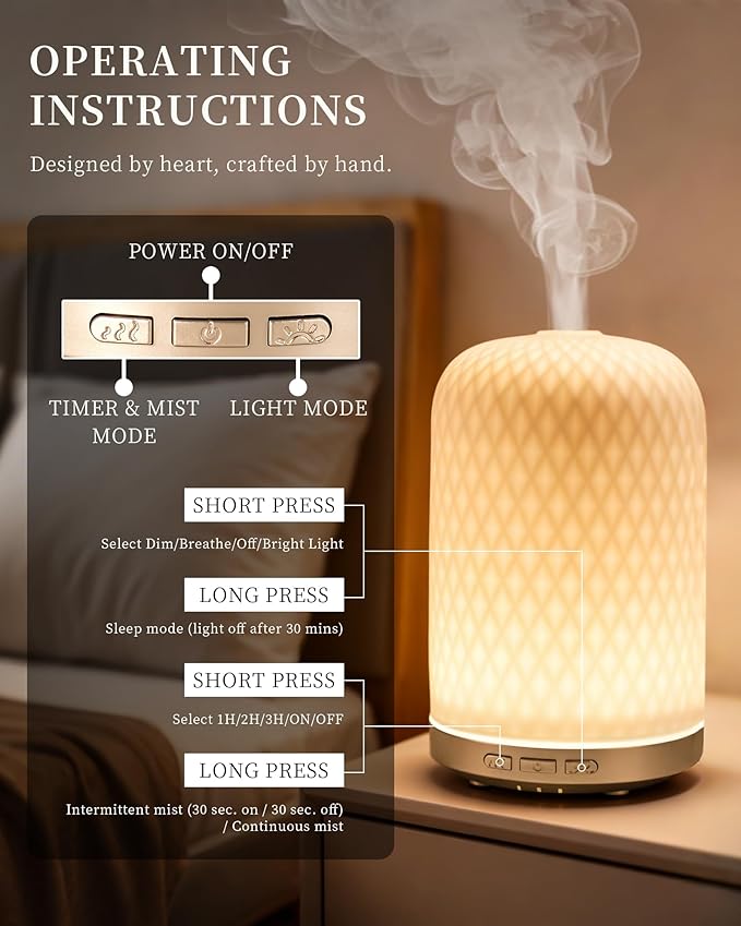 Essential Oil Diffuser,120ML 2.4MHz Ultrasonic Aromatherapy Diffusers for Essential Oils Large Room, Ceramic Diffusers Decorative Aroma Diffuser, Ideal Air Diffusers for Home, Room Decor, Yoga, White - Image 5