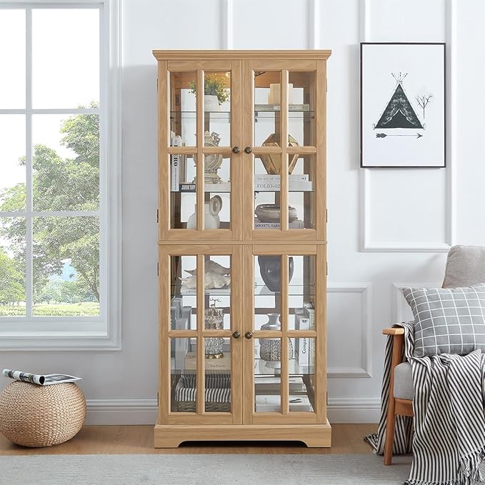 Lighted Glass Curio Cabinet with Lights & Adjustable Shelves,Curio Display Cabinet with Wood Frame & Glass Door,Corner Antique Display Case for Kitchen,Living Room,Office - Image 2