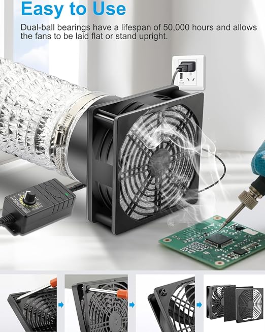 GDSTIME 120mm x 38mm 12V DC Axial Fan with 4 Inch Duct Flange Variable Speed Controller, 110V 120V AC Powered, Small Air Exhaust Fume Smoke Extractor Kit for Soldering, 3D Printer Enclosure - Image 3