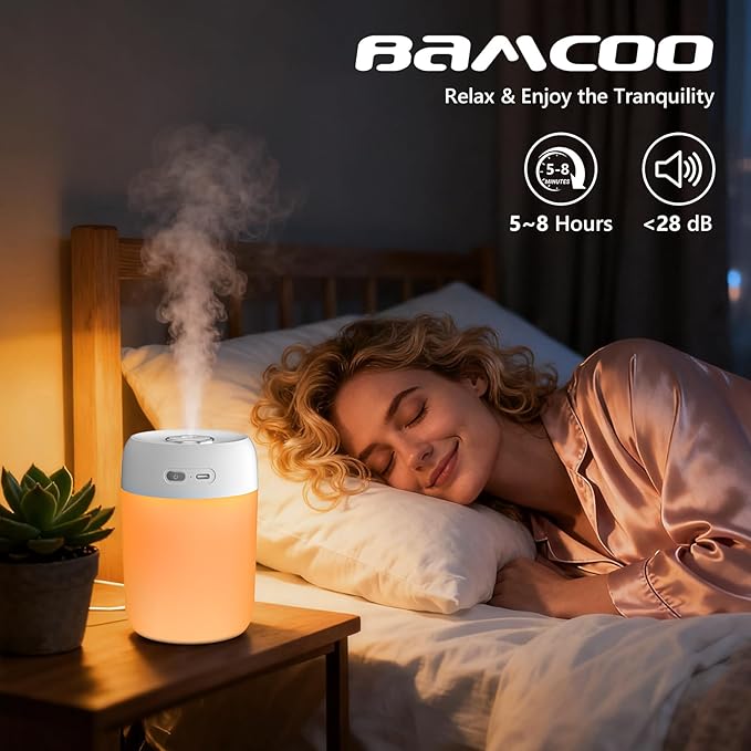 Portable Mini Humidifier, 650ml, Colorful LED Light & Warm Light, Cool Mist, USB, Personal Mini Humidifier for Desktop, Bedroom, Office, Home, Travel, Plants (White) - Image 3