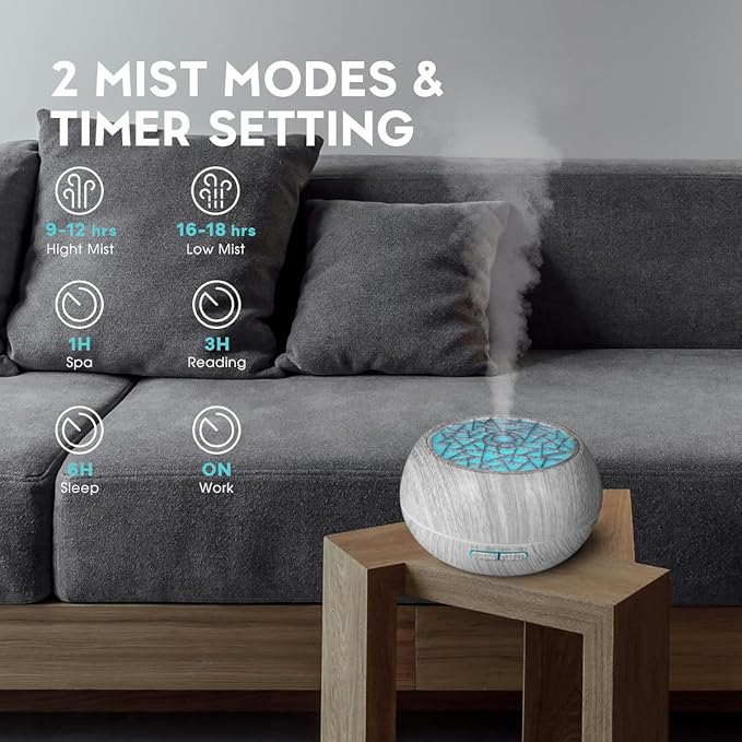 550ml Large Capacity Essential Oil Diffuser 6 Essentil Oil Set Aromatherapy Ultrasonic Air Humidifier with Timer and 7 Color LED Night Light Remote Control Waterless Auto-Off White Wood Grain - Image 3