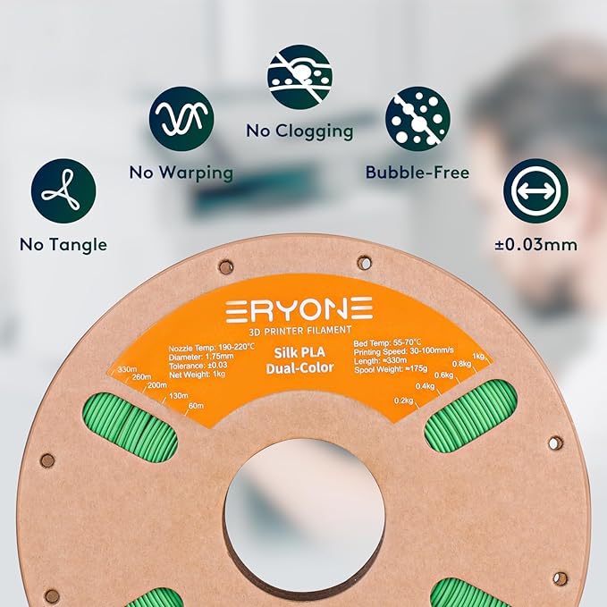 ERYONE Silk Dual Color PLA Filament 3D Printer 1.75mm +/- 0.03mm, Bicolor Two Tone PLA 1KG(2.2lbs) Cardboard Spool, Yellow Green - Image 4