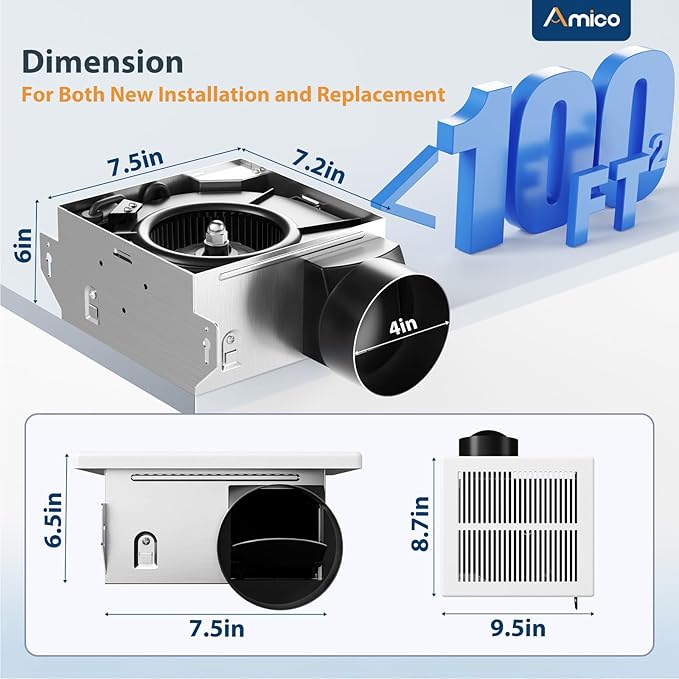 Amico Bathroom Exhaust Fan, 1.5 Sones, 110 CFM, Low Noise, Easy to Install, Ceiling Mounted Retrofit Ventilation Fans, No Attic Access Needed- UL Certified - Image 2