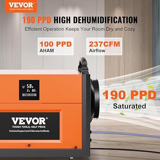 VEVOR 190 Pints Commercial Dehumidifier with Drain Hose for Crawl Spaces, Basements Warehouse & Job Sites, Large Capacity Dehumidifier for Water Damage Restoration, Auto Defrost, CSA Listed - Image 2