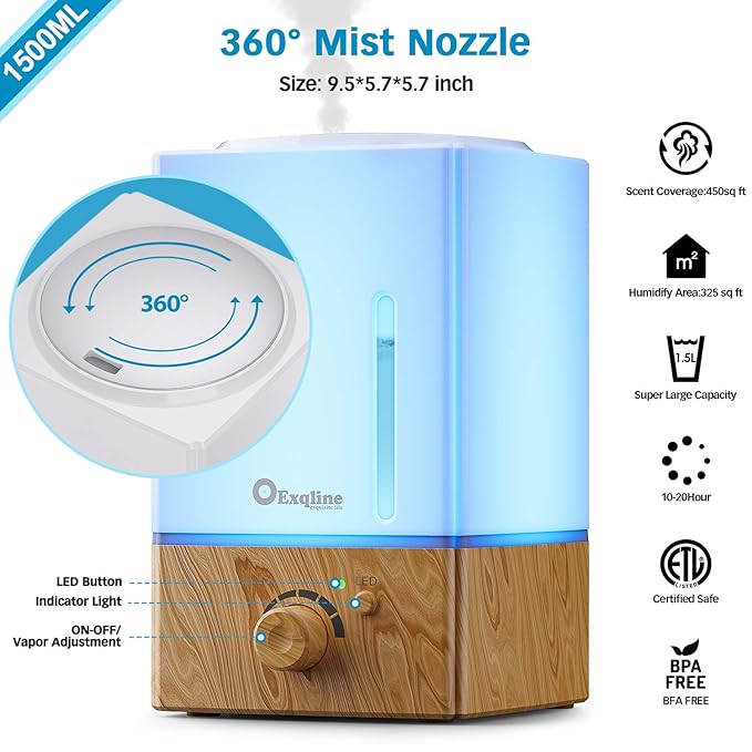Exqline 1500ml Large Aroma Essential Oil Diffuser - Unique Aromatherapy Humidifier for Large Room (Wood Grain) - Image 4