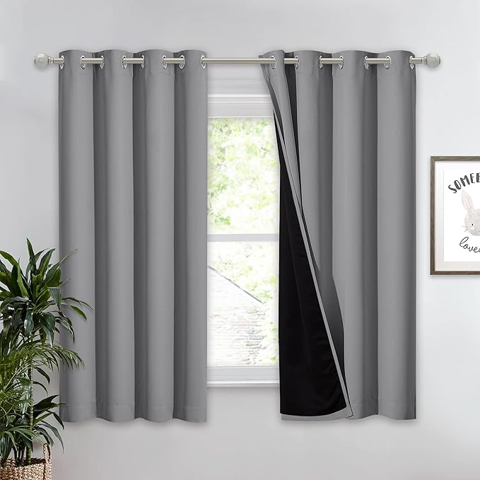 NICETOWN 100% Blackout Curtain with Black Liner, Thermal Insulated Full Blackout 2-Layer Lined Drape, Energy Efficiency Window Drapery for Bedroom (Silver Grey, 1 Panel, 52-inch W by 63-inch L) by NICETOWN