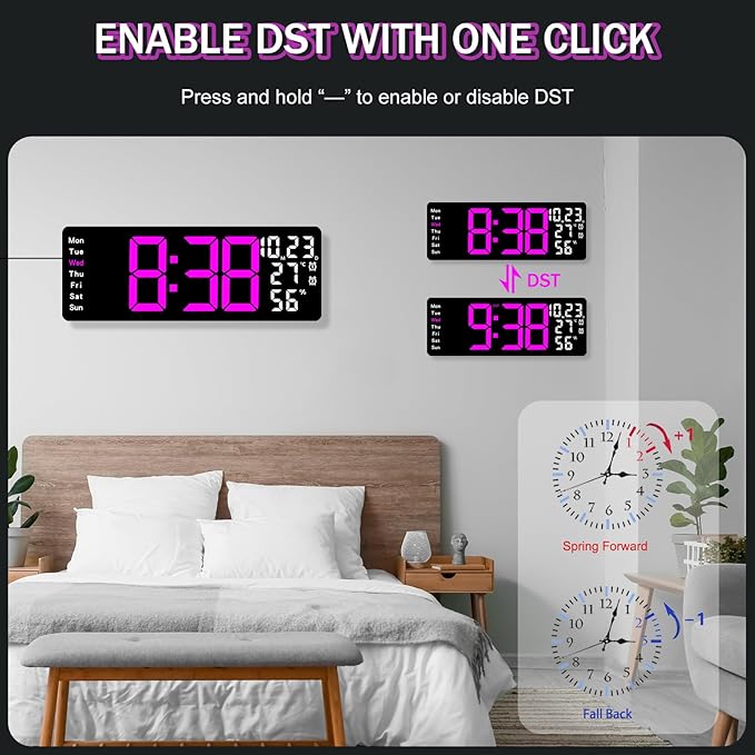 JoFomp 17.3" Large Digital Wall Clock, LED Digital Clock Large Display with Remote Control, Alarm Clock with Temp/DST/Dimmer/Humidity/Timer/Ambient Light - 12/24H, Alarm Wall Clock for Bedroom - Image 7