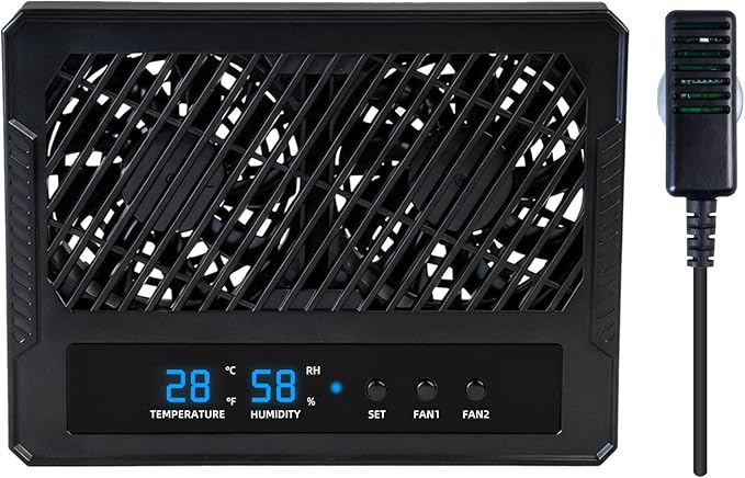 Reptile Dual-Head Temperature & Humidity Fan – Quiet Automatic Climate Control with Digital Display for Terrariums, Reptiles & Amphibians by LURMMUE