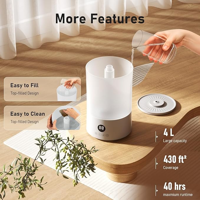 Humidifiers for Bedroom, 4L Top Fill Humidifier for Large Room, 250ml/h Cool Mist Output Humidificador, 24dB Quiet Air Humificador with Remote, Easy to Fill & Clean, fit Baby & Indoor - Image 7
