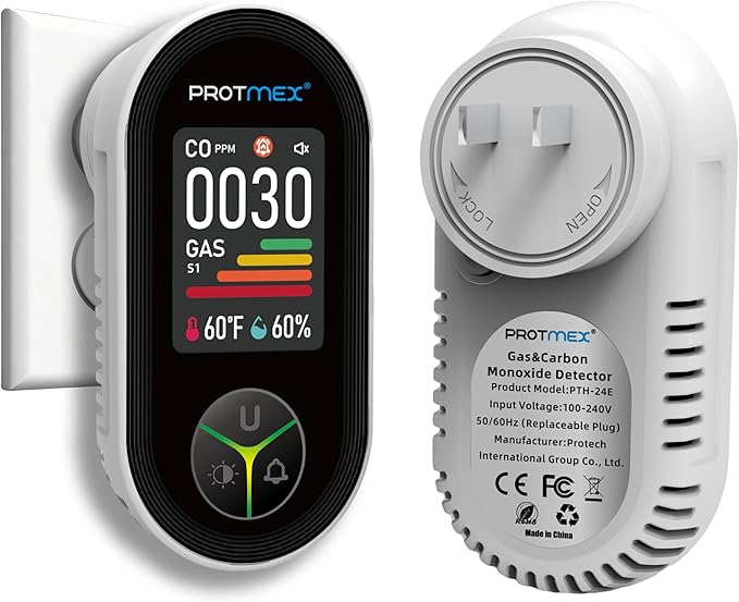 Protmex 4-in-1 Carbon Monoxide & Gas Detectors Plug in Large LCD Screen, Home CO Gas Detector with Temperature & Humidity Monitoring - 4 in 1 CO and Gas Detector Easy Installation for Home Travel by Protmex