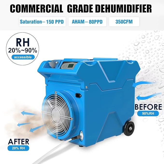 Mounto 150pints Commercial LGR Dehumidifier w/Handle and Wheels - Panasonic Compressor, ETL Certified, Compact & Stackable, Built-in Pump, LED Display - Image 4