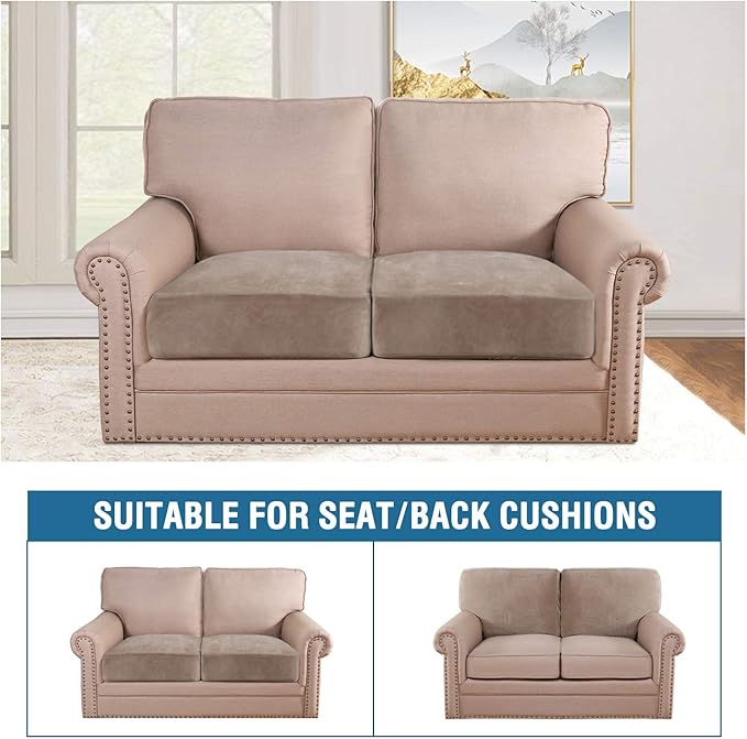 H.VERSAILTEX Velvet Stretch Couch Cushion Cover Plush Cushion Slipcover for Chair Loveseat Sofa Cushion Furniture Protector Seat Cushion Sofa Cover (2 Piece Medium Sofa Cushion Covers, Taupe) - Image 3