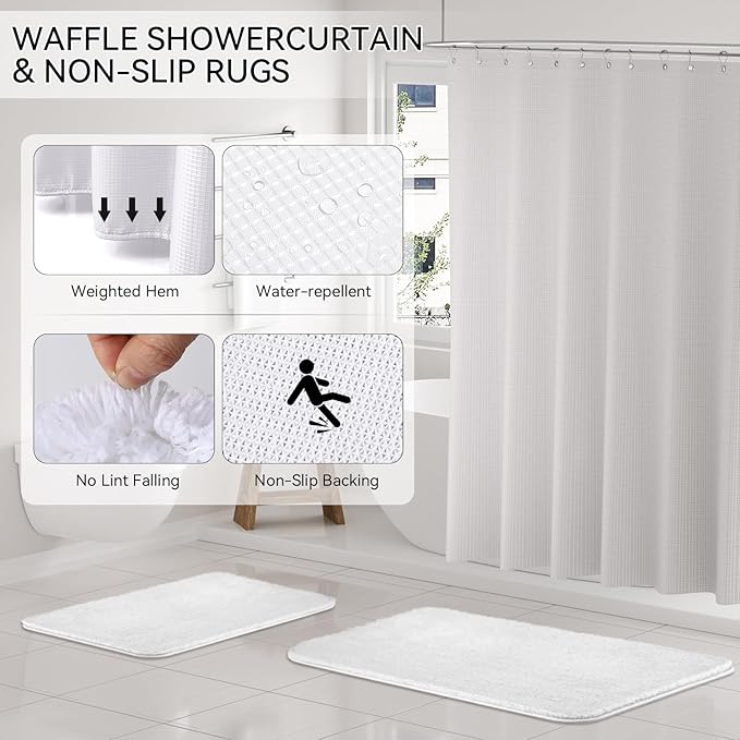 White Bathroom Set, White Bathroom Accessories Set with Shower Curtain and Rugs, Bath Towel Set, Natural Loofah Sponge, Soap Dispenser, Toothbrush Holder, Bathroom Tumbler and Tray for Bathroom - Image 4