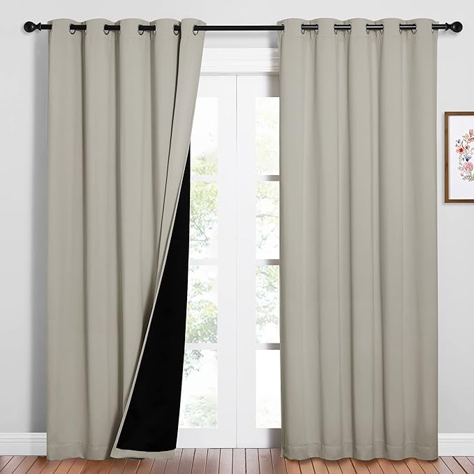 NICETOWN 100% Blackout Window Curtain Panels, Cold and Full Light Blocking Drapes with Black Liner for Nursery, 84 inches Drop Thermal Insulated Draperies (Natural, 2 PCs, 62" Wide Each Panel) by NICETOWN