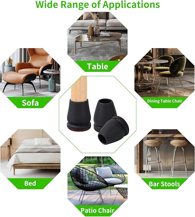 16PCS Extra Small Chair Leg Floor Protectors, Chair Leg Protector for Hardwood Floors, Metal Bar Stool Floor Protectors Chair Leg Caps, Round Felt Furniture Pads Chair Sliders(Black,Fit 0.55"-0.75") - Image 8