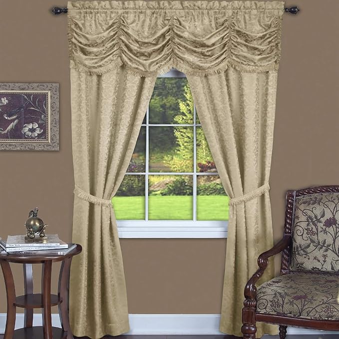 PowerSellerUSA 5-Piece Complete Window Curtains Set with Panels, Valance, Tiebacks, Room Darkening Curtains, Luxurious Window Curtains for Living Room, Bedroom, Dining Room, 55" W x 84" L, Cream by PowerSellerUSA