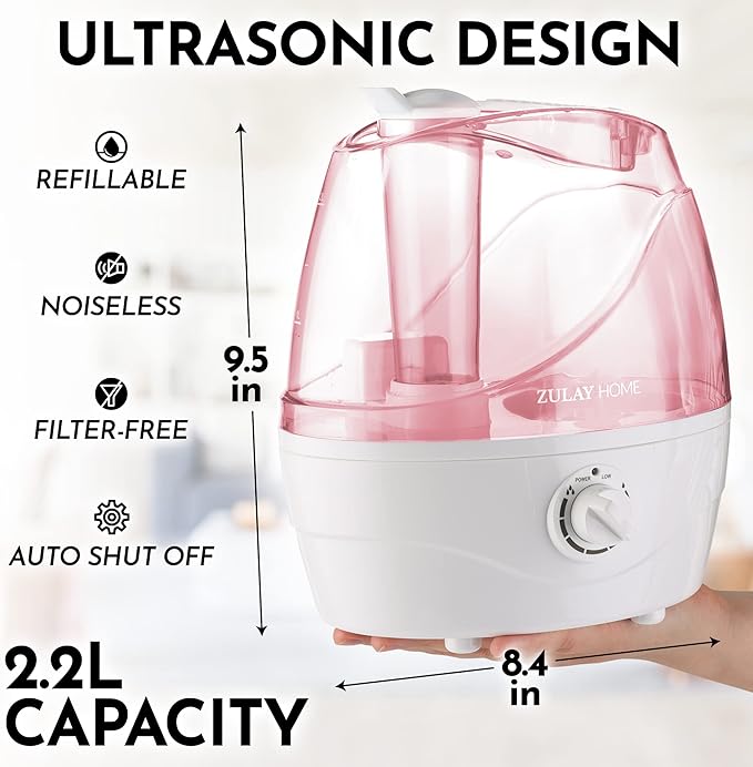 Zulay Home Cool Mist Humidifiers For Bedroom (2.2L Water Tank) - Quiet Ultrasonic Humidifiers For Large Room with Auto Shutoff Feature - Air Humidifier For Plants, Nursery, Kids Room (Pink) - Image 5