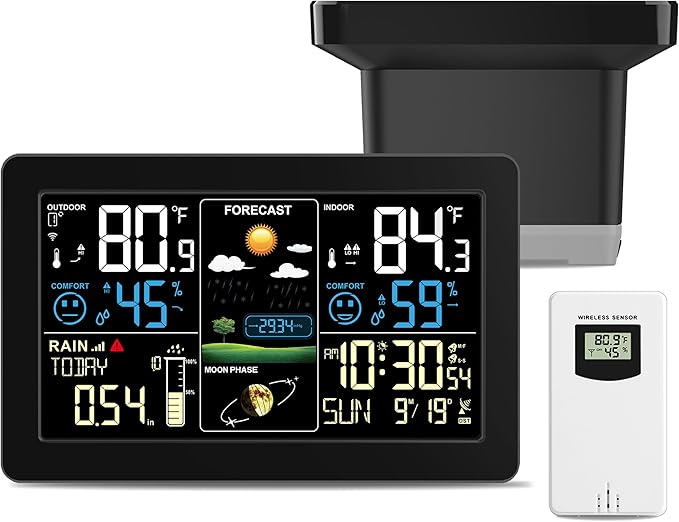 Weather Station with Rain Gauge Outdoor, Home Weather Stations Wireless Indoor Outdoor with Digital Rain Gauges, Thermometer, Barometer, Hygrometer, Atomic Clock, Weather Forecast and Alerts by BIUWING