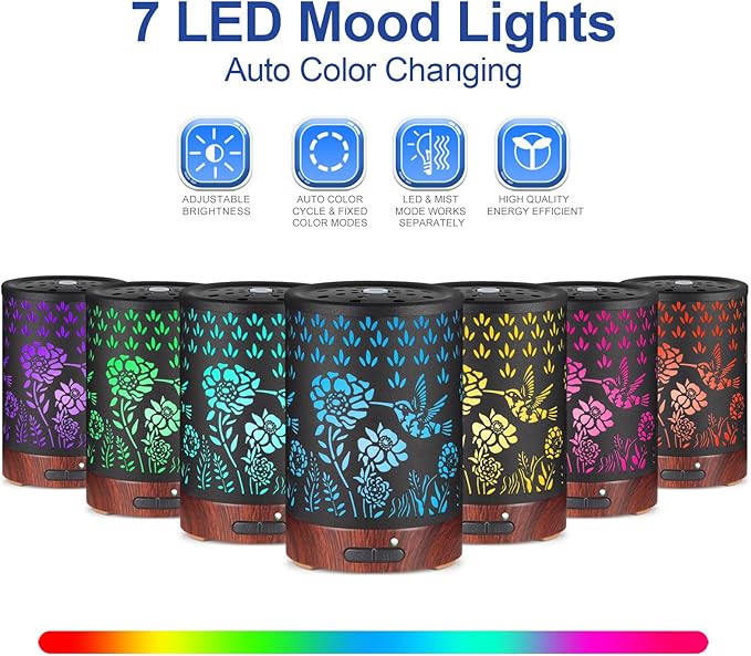 Essential Oil Diffuser- Aromatherapy Diffuser with7 Colors Light and Auto-Off for Women Metal Cool Mist Humidifier for Home and Office for Mom Women(Hummingbird) - Image 2