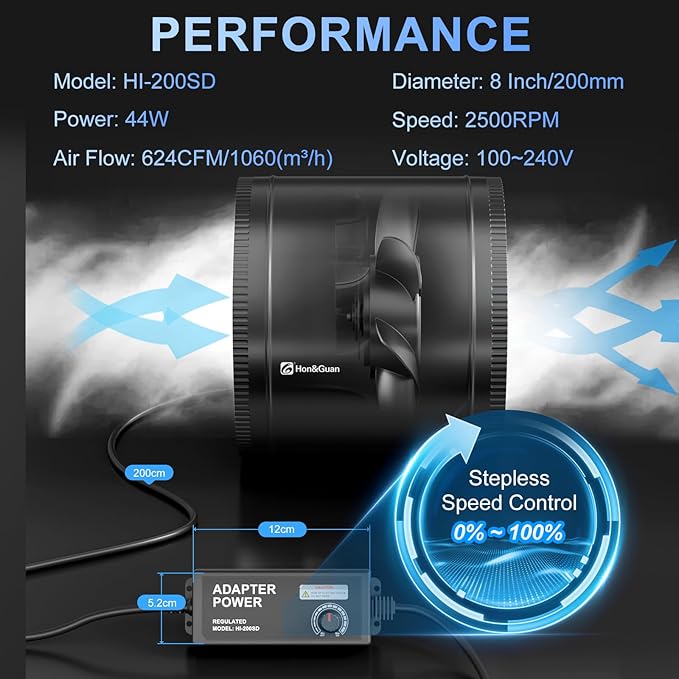 Hon&Guan 8 Inch Inline Booster Duct Fan with Speed Controller - 623 CFM Airflow with 44W Ultra-Low Power and Low Noise - Image 6