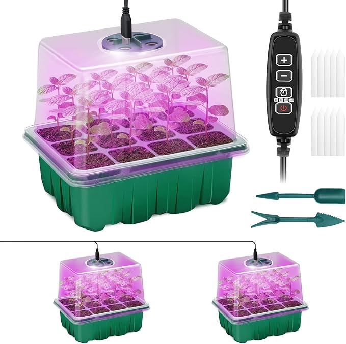 Seed Starter Tray with Plant Light, 2 Pack Grow Lights for Seed Starting Kit with Humidity Domes, Timing Controller Adjustable Brightness for Greenhouse Propagator Station Planting Growing by Qoolife-US