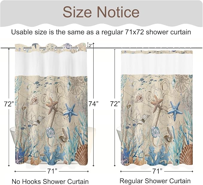 No Hook Shower Curtain with Snap in Liner, Beach Ocean Nautical Coastal Shower Curtains and Liner Set for Bathroom, Seashell Hotel Fabric Bath Curtain, Waterproof Washable, ‌Retro Brown 71" x 74" - Image 7