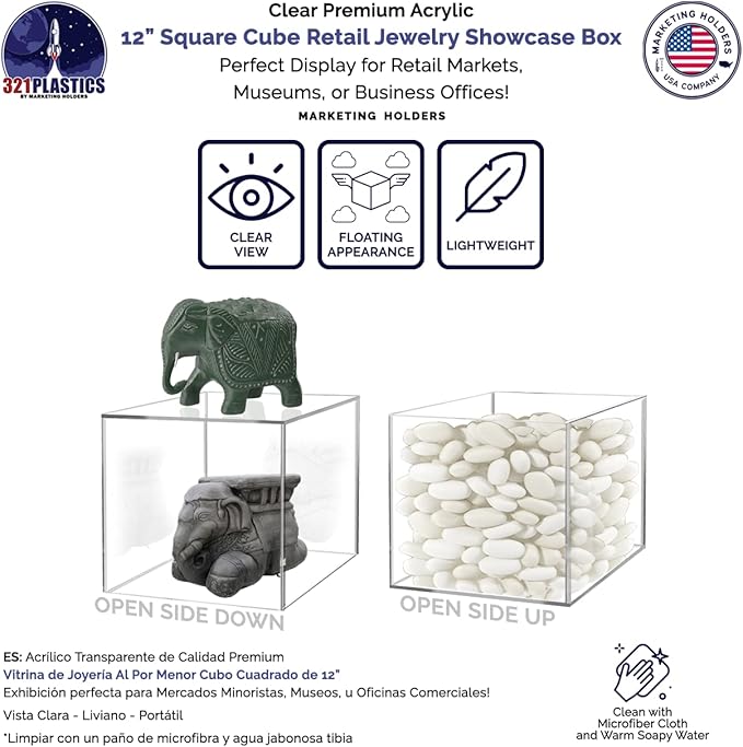 Marketing Holders 12 Inch Clear Acrylic Display Box Versatile Square Plexiglass Retail Product Storage Bin or Merchandise Riser with One Open Side No Lid No Assembly - Image 3