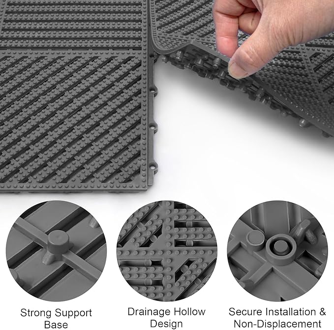 MYFAMIREA Modular Interlocking Cushion 12 Pack 11.8" x 11.8" Rubber Floor Tiles Non-Slip Splicing Drainage Mats for Deck, Pool, Shower, Patio, Balcony, Bathroom, Kitchen, Yard (2 Rows Dots, Dark Gray) - Image 4