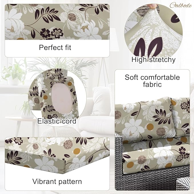 8 Pcs Waterproof Patio Cushion Covers, Floral Printed Stretch Outdoor Sofa Cover for Patio Furniture, Washable Chair Covers Reusable Furniture Protector for Fall Decor (Brown, Cover Only) - Image 3